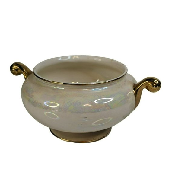 Homer Laughlin Nautilus Eggshell Creamer and Open Sugar Bowl 1940s Gold Trim - Picture 8 of 11